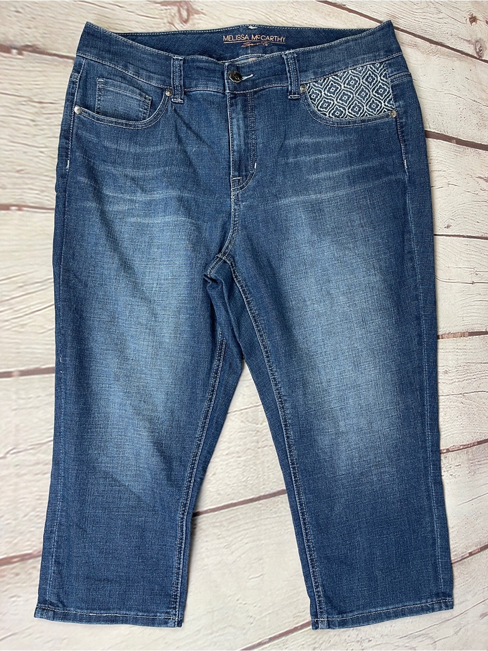 MELISSA MCCARTHY SEVEN7 slimming cropped blue jeans embroidered pockets size 16W - Picture 10 of 13